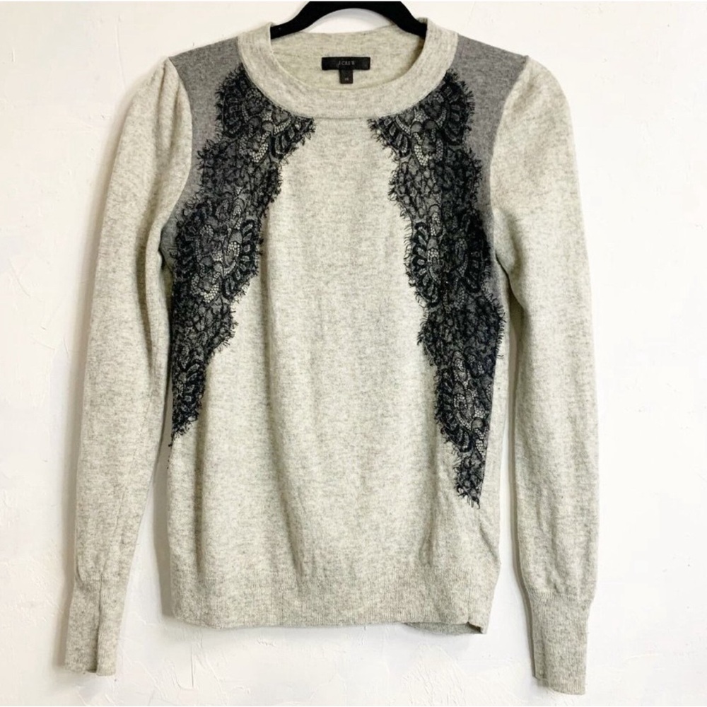 J. Crew Gray Black Colorblock Lace Panel Wool Women's Sweater Size Med #B6510